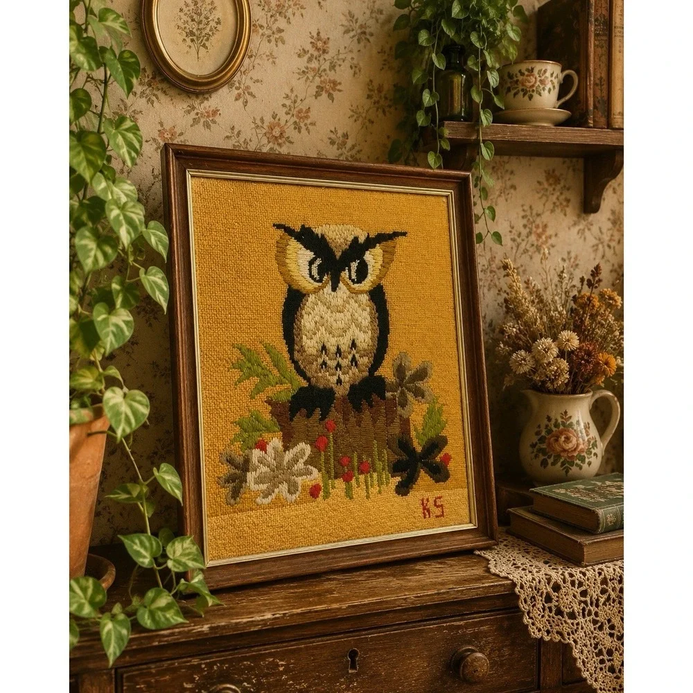 Vintage Framed Needlepoint Needlepoint Owl Wall Hanging Framed Art Retro 16x20